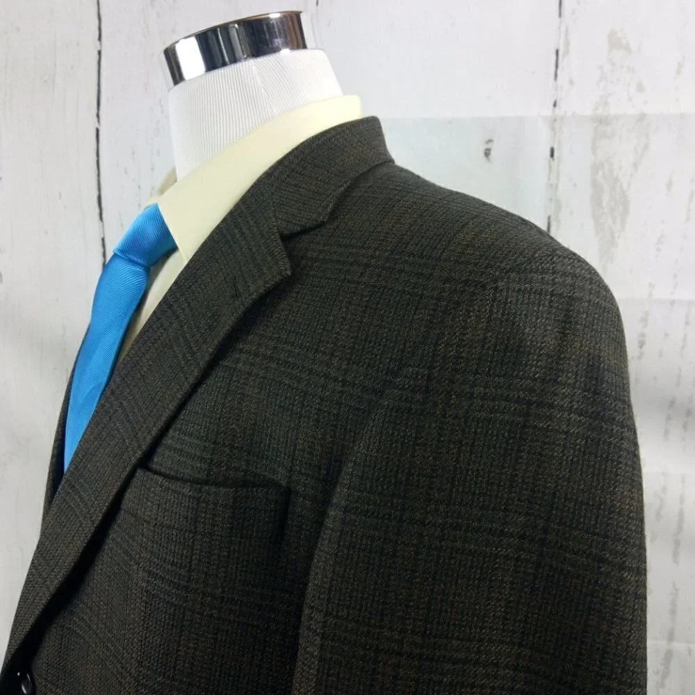 Oscar de la Renta 44R Lambswool Blend 2 Btn Brown Plaid Suit Blazer Sport Coat